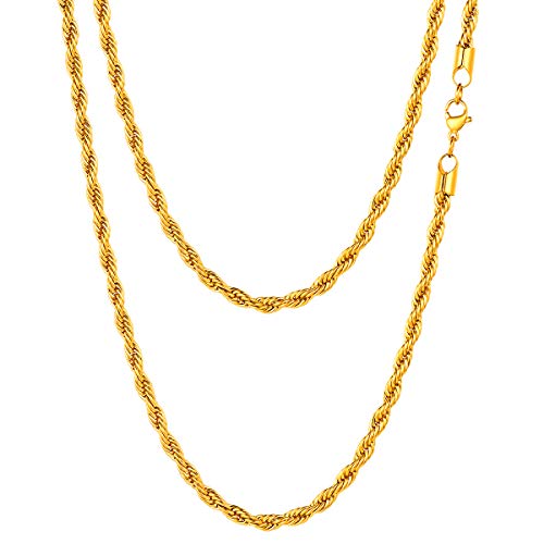 FOCALOOK Collar Hombre Cadena SOGA Cuerda Malla 3mm Collar básica de Acero Inoxidable 66cm Chapado en Oro 18k Opcional Regalo para Mujer y Hombre con Caja FOCALOOK Collar Hombre Cadena SOGA Cuerda Malla 3mm Collar básica de Acero Inoxidable 66cm Chapado en Oro 18k Opcional Regalo para Mujer y Hombre con Caja