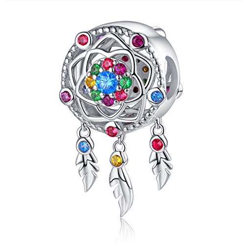 FOREVER QUEEN Atrapasueños Charm Plata de ley 925 con Circonita cúbica de Colorido, Bohemio Dreamcatcher Abalorios compatible con Pulsera FQ0047