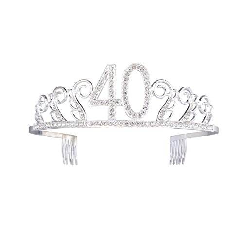 frcolor Corona Cumpleaños 40 Diadem Tiara con pelo peine cristal brillantes plata regalo de cumpleaños 40 años para mujeres