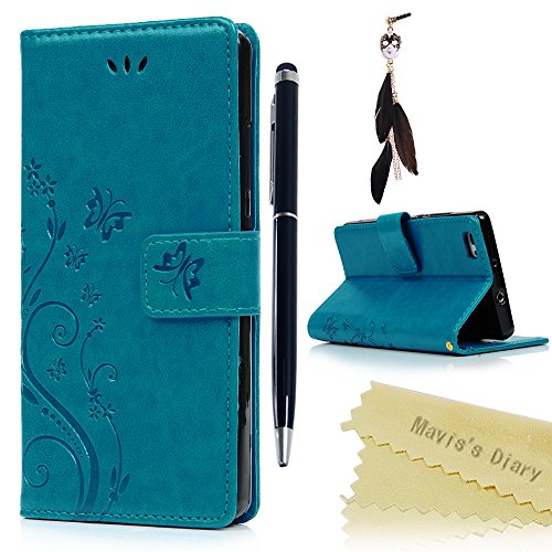 Funda Huawei P8 Lite (Versión 2015), Carcasa Libro PU Premium Leather Cuero impresión - Mavis's Diary Flip Case Cover Con TPU Goma Flexible,Cierre Magnético,Función de Soporte,Billetera con Tapa - Diseño de Mariposa y flor, Azul