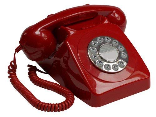 GPO 746 Teléfono fijo de botones con estilo retro de los años 70 - Cable en espiral, timbre auténtico - Rojo