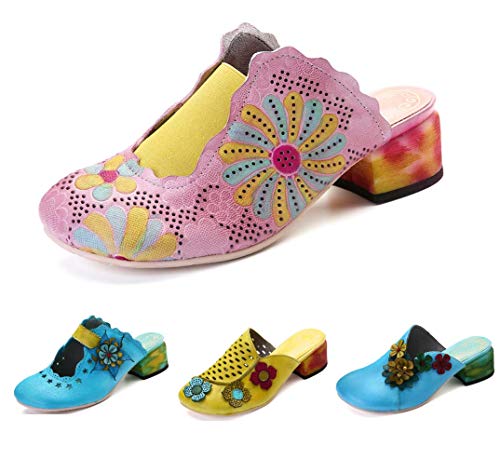 gracosy Zapatillas de Cuero para Mujer, Sandalias Block Heel Mule Zapatos para Mujer de Verano Sandalias Planas al Aire Libre Flor Vintage Backless Loafer Shoes Zapatillas de jardín de casa
