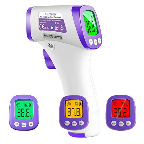 HALIDODO Termometro a infrarossi da fronte, digitale, a distanza, con temperatura in °F e /°C, display LCD, allarme febbre e funzione di memoria