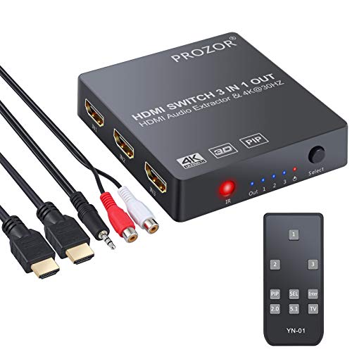 HDMI Convertidor Switch 3x1 con Extractor de Audio Salida Analógica Óptica Toslink SPDIF Soporte 4K 3D con Mando IR Cable HDMI Cable USB y 3.5mm Macho a 2 Cables Hembra RCA para BLU-Ray DVD PS4 TV
