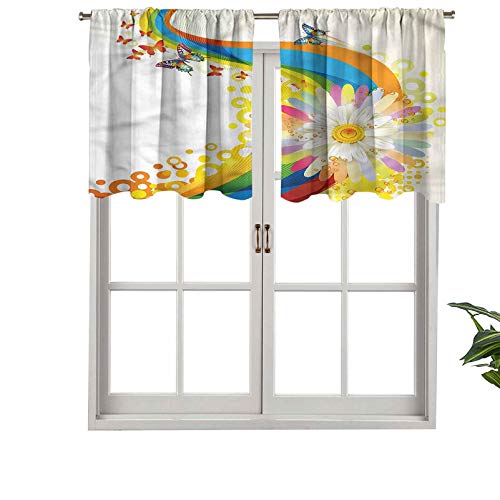 Hiiiman Cortina de ventana con barra de filtrado de luz, cenefa de fantasía, margaritas arco iris, juego de 1, 132 x 45 cm para ventanas de dormitorio, cocina o baño