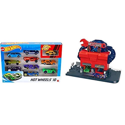 Hot Wheels Pack de 10 vehículos, Coches de Juguete + City Garaje del Gorila furioso, Pistas de Coches de Juguete