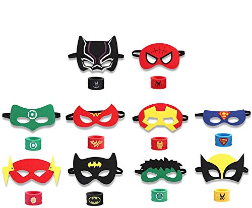 INTVN 10pcs máscaras de superhéroes y 10pcs Superhero Slap Band Pulseras,Accesorio de Fiesta Infantil y Adultos, Máscaras de Cosplay de Superhéroe, Suministros de Fiesta de Superhéroes
