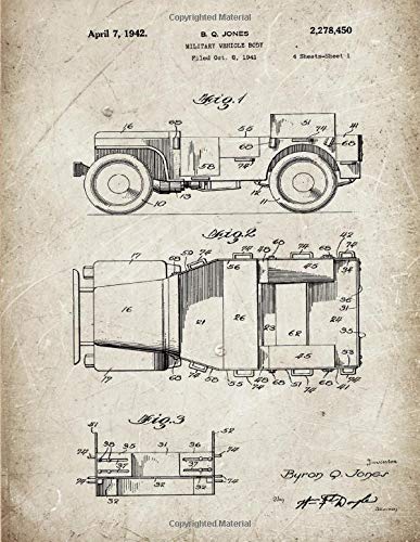 Jeep Notebook: Willy Army Jeep 1941 Blueprint Journal Diary, 120 Dot Grid Pages, 8.5x11 Inches, Scratched Metal Cover