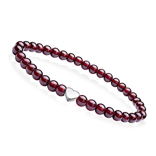 J.Endéar Pulsera de Piedras Preciosas Naturales Pulsera Elástica con Cuentas de Granate de 5 mm con Colgante de Plata 925 y Pulsera de Corazón