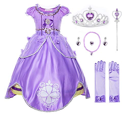 JerrisApparel Niña Disfraz de Princesa Sofía Tul Cumpleaños Partido Vestido (6 años, Morado con Accesorios)