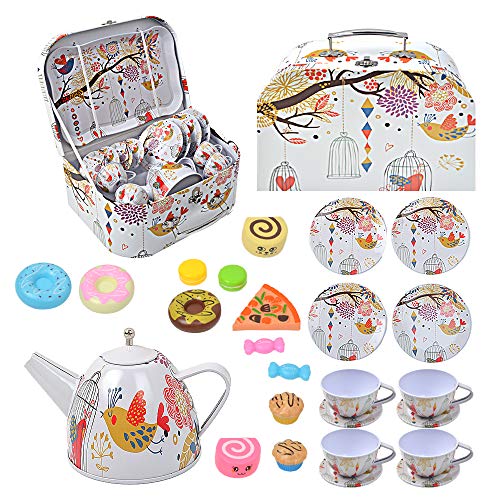 Juego de té para bebés, juego de té de hojalata de juguete de 14 niños + 1 estuche portátil + 9 juguetes para refrigerios, juego de té de juguete de diseño colorido ilustrado para(paquete de 24)