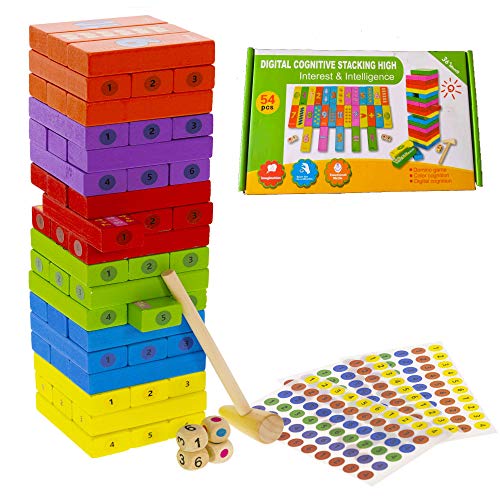 Juego Torre Bloques Infantil Madera de Colores con Numeros en Ingles ,Incluye 3 Sticks de Recambio para Numerar Las Piezas.