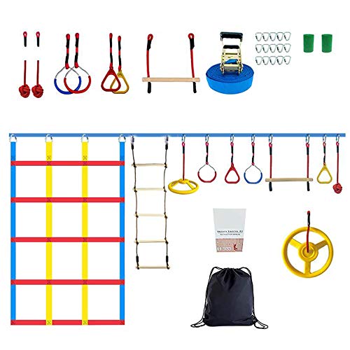 Kacsoo Ninja Warrior Obstáculo Coursefor Kids Slackline Kit de entrenamiento de guerrero ninja de 150 m, anillos ninja, escalera de cuerda de escalada y red de carga para patio trasero al aire libre