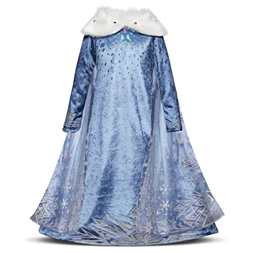 Kosplay Niñas Cosplay Vestido de Princesa Elsa con Capa Vestido de Manga Larga Vestido Azul de cuello Blanco Disfraz Ceremonia de Fiesta Halloween Navidad 3-9 años 100-150cm