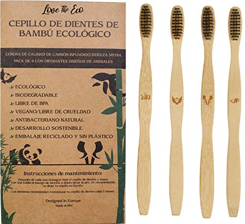 LOVE THE ECO® Cepillos de Dientes Bambú para Adultos con Cerdas de Carbón Activado | x4 Modelos Diferentes | Mejoran el Sangrado de Encías | Biodegradable, Ecológico, Vegano, Sostenible