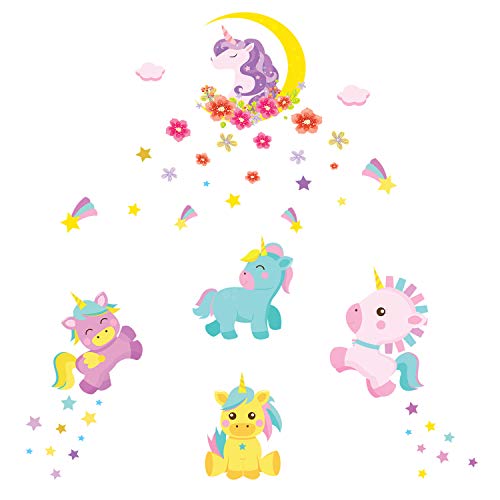 Lovely Little Moon Unicorns with Stars and Flowers Wall Stickers Vinyl Decals - 5 Large for Girls Bedroom Nursery