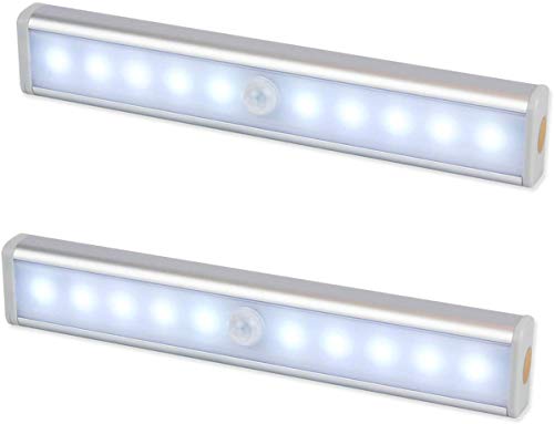 Luz Nocturna,Sensor de Movimiento 10 LED Alimentado Por Batería Sensor de Luz Interior Luz LED de Armario,Para Armario,Pasillo,Escalera,Sótano,Cocina,Garaje,Gabinete,Baño(2 Pack)