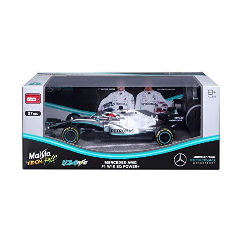 Maisto Tech R/C F1 Mercedes AMG Petronas W10 (2019): Coche teledirigido Lewis Hamilton en Escala 1:24, Coche de fórmula 1, 27 MHz, Control con Mango de Pistola, 22 cm, Color Plateado (581382)