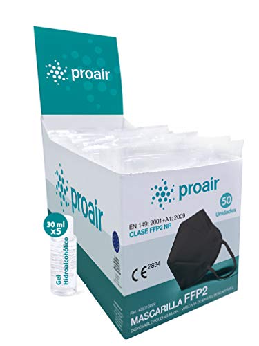 Mascarilla FFP2 Homologada Certificado CE 2834-5 capas - Caja Expositor 50 Unidades COLOR NEGRO + 5 Botes de gel hidroalcohólico Mascarilla FFP2 Homologada Certificado CE 2834-5 capas - Caja Expositor 50 Unidades COLOR NEGRO + 5 Botes de gel hidroalcohólico