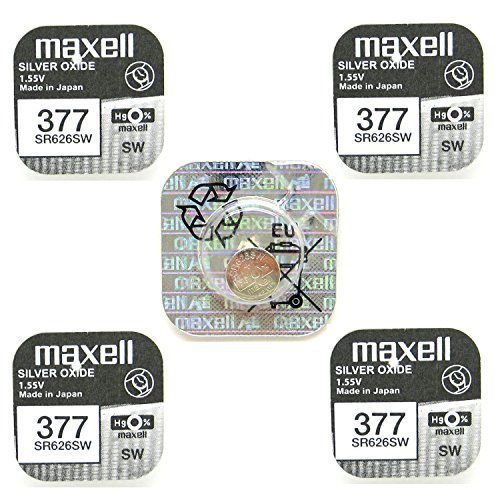 Maxell 377 Pila de óxido de Plata, 1,55 V, 5 Unidades por envase