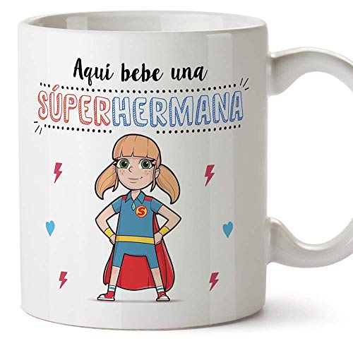 MUGFFINS Taza Hermana - Aquí Bebe una Super Hermana - Taza Desayuno/Idea Regalo Cumpleaños para Hermanitas. Cerámica 350 mL MUGFFINS Taza Hermana - Aquí Bebe una Super Hermana - Taza Desayuno/Idea Regalo Cumpleaños para Hermanitas. Cerámica 350 mL