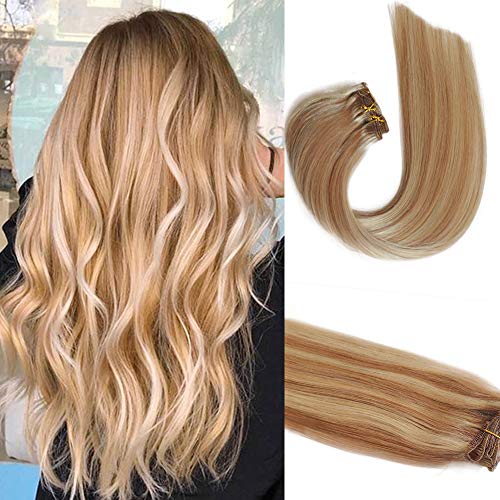 Myfashionhair Clip en extensiones de cabello humano real 20 en 7 piezas Extensiones de cabello marrón dorado de 70 g con reflejos rubios Trama recta sedosa Myfashionhair Clip en extensiones de cabello humano real 20 en 7 piezas Extensiones de cabello marrón dorado de 70 g con reflejos rubios Trama recta sedosa