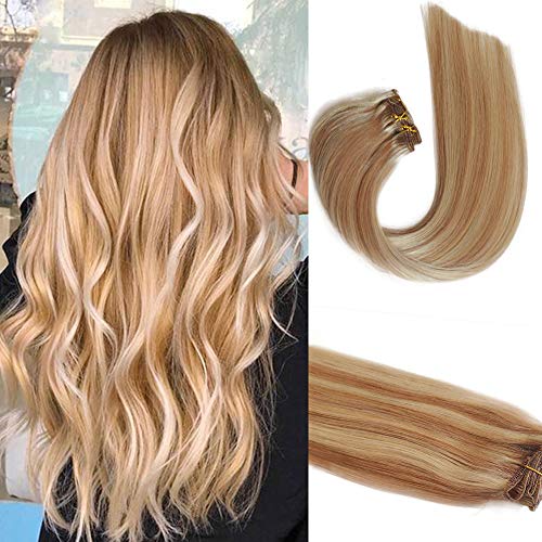 Myfashionhair Clip en extensiones de cabello humano real 20 en 7 piezas Extensiones de cabello marrón dorado de 70 g con reflejos rubios Trama recta sedosa