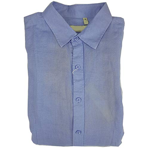 N+1 – Camisa de Hombre de Manga Larga de Lino y algodón Slim Fit Colorida Manga Larga con Solapas S M L XL Azul Celeste XL