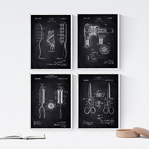 Nacnic Negro - Pack de 4 Láminas con Patentes de Peluquería. Set de Posters con inventos y Patentes Antiguas. Elije el Color Que Más te guste. Impreso en Papel de 250 Gramos de Alta Calidad