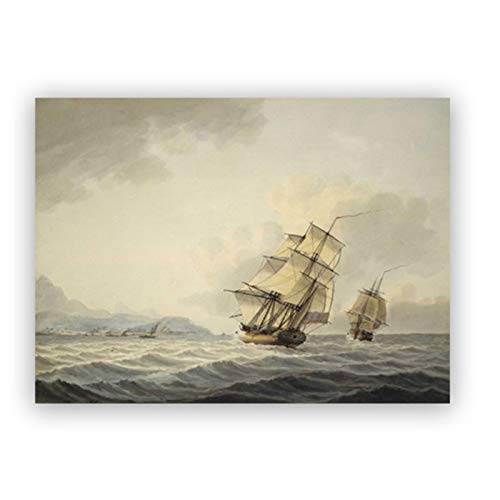 NFGGRF Los Barcos de Tahití, Pintura de Paisaje de Acuarela Antigua, Impresiones en Lienzo, póster fotográfico de 1800, Arte de Pared, Imagen para decoración del hogar, 70x100 cm sin Marco