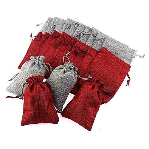 N/J Bolsas de arpillera, 24 bolsas de lino de algodón, color gris, rojo, bolsas de regalo, transpirables, con cordón, bolsas de almacenamiento de yute para bodas, fiestas, cumpleaños, manualidades