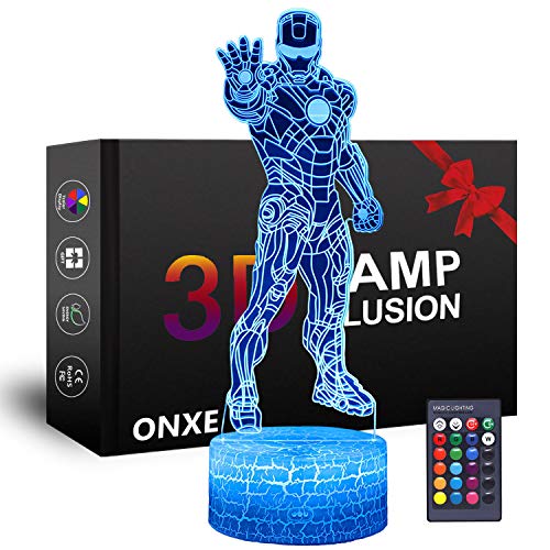 ONXE Luz nocturna LED 3D de superhéroe, lámpara de ilusión óptica de 16 colores, regulable, alimentado por USB y control táctil con base de grieta y control remoto para regalo de cumpleaños (Iron Man)