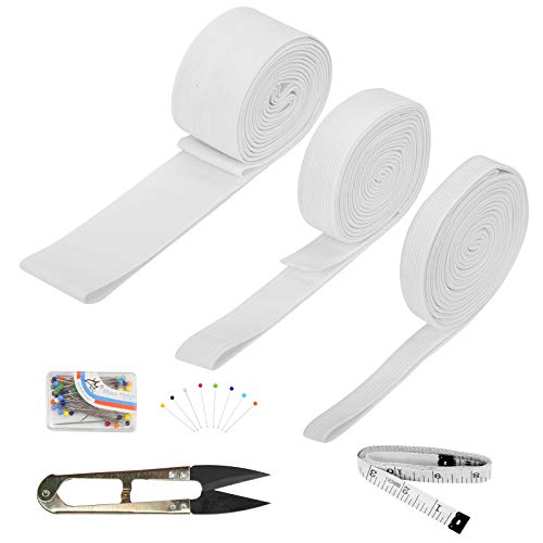 OPPRES 3 Rollos de Goma Blanca Juego de Bandas Cordón elástico con 50 Cabezas de Vidrio de Agujas de para Coser y Manualidades del hogar de Ancho 15 mm * 5 m / 25 mm * 5 m / 50 mm * 5 m