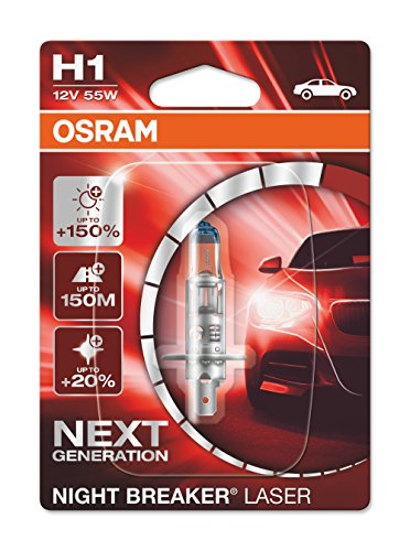 OSRAM NIGHT BREAKER LASER H1, Gen 2, +150% más luz, bombilla H1 para faros delanteros, 64150NL-01B, 12V, blister simple (1 lámpara)