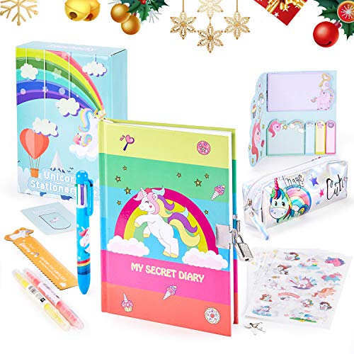 Paochocky 14 PCS Juego de papelería Bonita de Unicornio,Cuaderno de Diario con Cerradura Regalos de cumpleaños Navidad para niñas