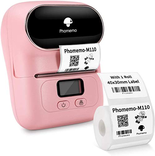 Phomemo M110 Impresora de etiquetas Bluetooth Impresora de etiquetas térmica ，Compatible con Android e iOS,Adecuado para código de barras,oficina,envío,cable,tienda,ropa,Con etiqueta de 40×30 mm,Rosa