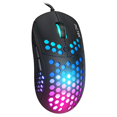 PICTEK Ratón Gaming Programable, Ratón RGB de Diseño de Panal, 6 Botones, 10000 dpi,Ratón para Juegos con Cable para Windows, Laptop