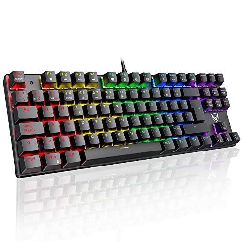 PICTEK Teclado Mecánico Switch Blue con Luz, Teclado Gaming Español LED Rainbow con Switch Azul, 87 Teclas Anti-Ghosting para PC/Mac con Windows - Negro