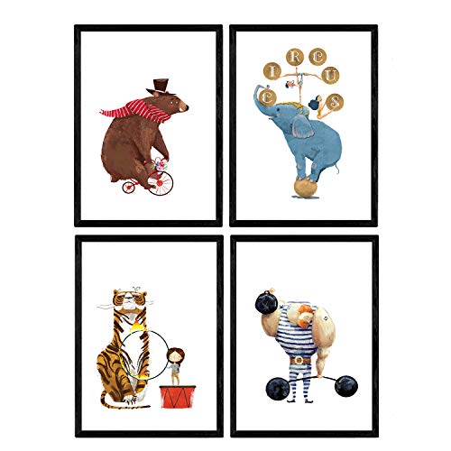 Posters con Ilustraciones del Circo. Forzudo Oso en Bici Elefante acrobata y Leon Niños en el Circo. Láminas Decorativas. Tamaño A4