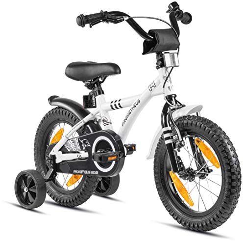 Prometheus Bicicleta para niños de 3 a 5 años | Bicicleta Infantil 4 años para niñas 14 Pulgadas con ruedines en Blanco y Negro