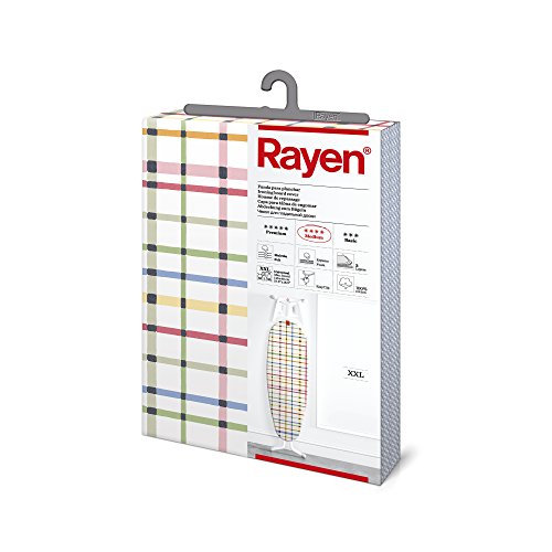 Rayen - Funda para tabla de planchar Universal XXL, alcolchada, fácil de colocar con sistema EasyClip. 3 capas: Espuma, Muletón y tejido 100% de algodón, 150x55 cm, gama Medium Rayen - Funda para tabla de planchar Universal XXL, alcolchada, fácil de colocar con sistema EasyClip. 3 capas: Espuma, Muletón y tejido 100% de algodón, 150x55 cm, gama Medium