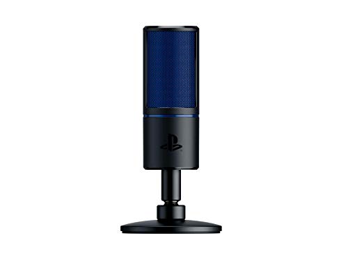 Razer Seiren X para PlayStation Micrófono de condensador USB para transmisión en PS4 y PS5, compacto con amortiguador, patrón de grabación supercardioide, botón de silencio, negro-azul
