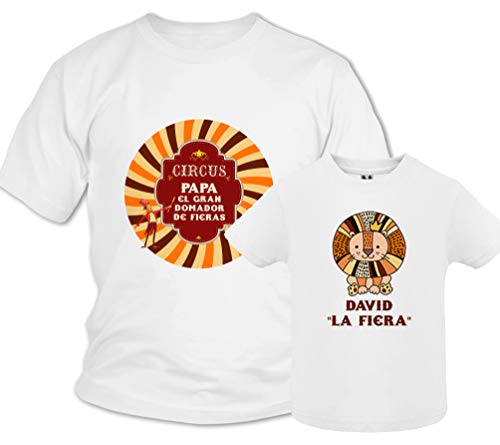 Regalo día del padre camiseta papá personalizada + Body o camiseta hijo/a Estilo Circo Domador de Fieras, conjunto familia, regalos originales para hombre