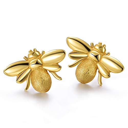 ♥ Regalo para Navidad♥ JIANGYUYAN Pendientes de botón de plata esterlina S925 Pendientes de botón de abeja linda para mujeres y niñas, joyería única hecha a mano(Gold)