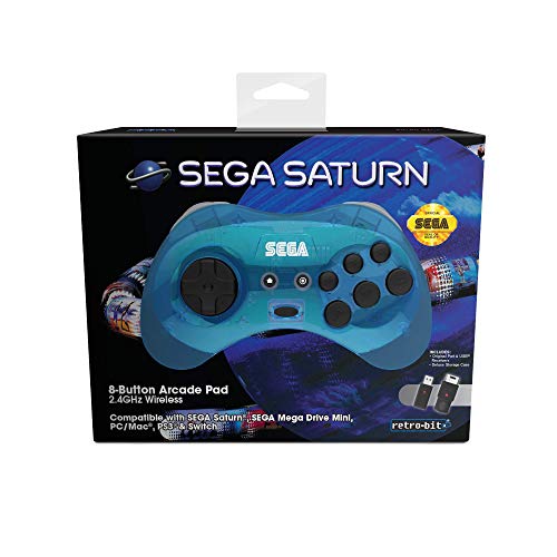 Retro-Bit Official SEGA Saturn Blue Wireless Controller 8-Button Arcade Pad for Sega Mega Drive