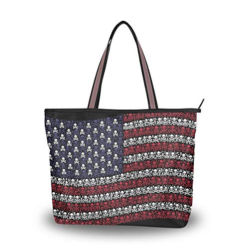 Rootti - Bolso de mano para mujer con cremallera y bandera de los Estados Unidos, tamaño grande, bolsas de hombro para mujeres y niñas, reutilizables, para trabajo, viajes, compras, con asa