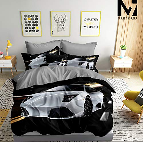 Ropa de cama 3D con diseño de coche deportivo, color blanco, funda nórdica de 135 x 200 cm + 80 x 80 cm, doble cara, negro, blanco y gris, con cierre Ropa de cama 3D con diseño de coche deportivo, color blanco, funda nórdica de 135 x 200 cm + 80 x 80 cm, doble cara, negro, blanco y gris, con cierre