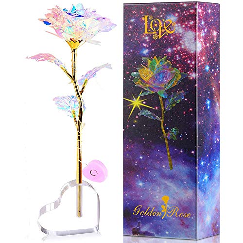 Rosa 24K Chapadas en Oro Rosa de la Galaxia Rosa Eterna Rosas Flores Artificiale Luz LED con Caja de Regalo y Soporte para Día de San Valentín Día de la Madre Aniversario Boda Cumpleaños Novia Esposa