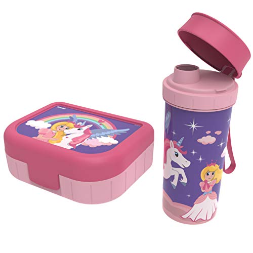 Rotho Memory Kids, Juego de 2 latas Vesper con botella para beber, Plástico PP sin BPA, rosa con motivo princesa, 1l x 0.4l 20.7 x 7.5 x 17.4 cm