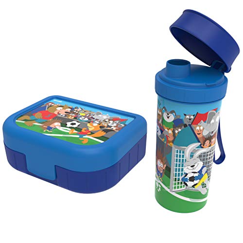 Rotho Memory Kids, Juego de 2 loncheras con botella de agua, Plástico PP sin BPA, azul con el motivo fútbol, 1l x 0.4l 20.7 x 7.5 x 17.4 cm